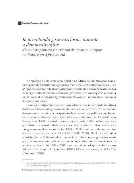 First page of “Reinventando governos locais durante  a democratização:  dinâmicas políticas e a criação de novos municípios  no Brasil e na África do Sul”