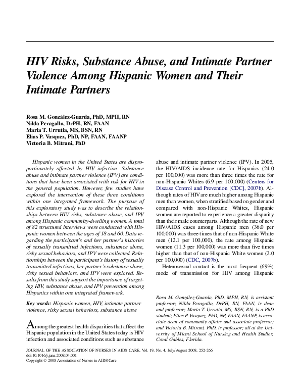 First page of “HIV Risks, Substance Abuse, and Intimate Partner Violence Among Hispanic Women and Their Intimate Partners”