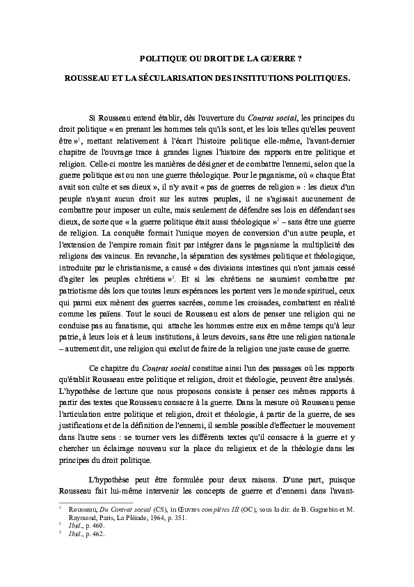 First page of “« Aux principes du droit de la guerre. Rousseau et la sécularisation des institutions politiques », in G. Waterlot (dir.), La théologie politique de Rousseau, Rennes, Presses Universitaires de Rennes, 2010, p. 135-154.”