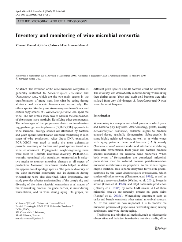 First page of “Inventory and monitoring of wine microbial consortia”