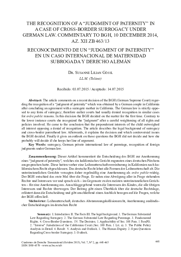 First page of “Cuadernos de Derecho Transnacional 7 (2015), 448-465: The recognition of a "judgment of paternity" in a case of cross-border surrogacy under German Law – commentary to BGH, 10 december 2014, az. Xii zb 463/13”