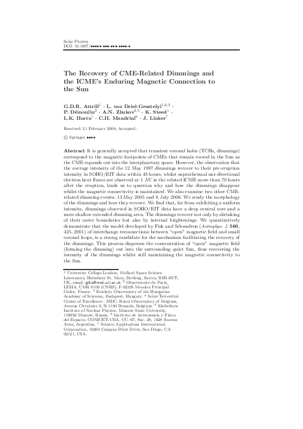 First page of “The Recovery of CME-Related Dimmings and the ICME’s Enduring Magnetic Connection to the Sun”