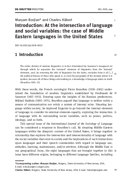 First page of “Introduction: At the intersection of language and social variables: the case of Middle Eastern languages in the United States”