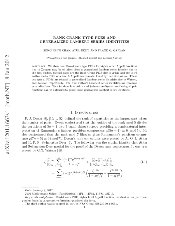 First page of “Rank–Crank-type PDEs and generalized Lambert series identities”