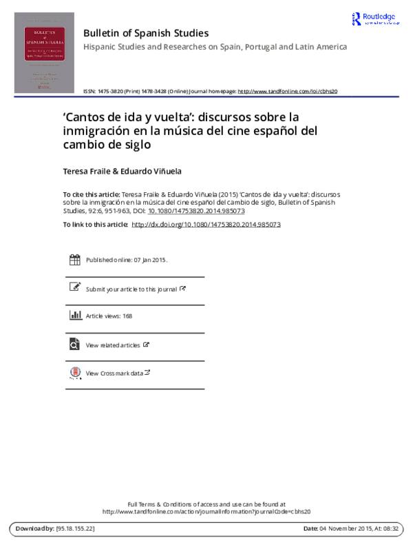 First page of “‘Cantos de ida y vuelta’: discursos sobre la inmigración en la música del cine español del cambio de siglo”
