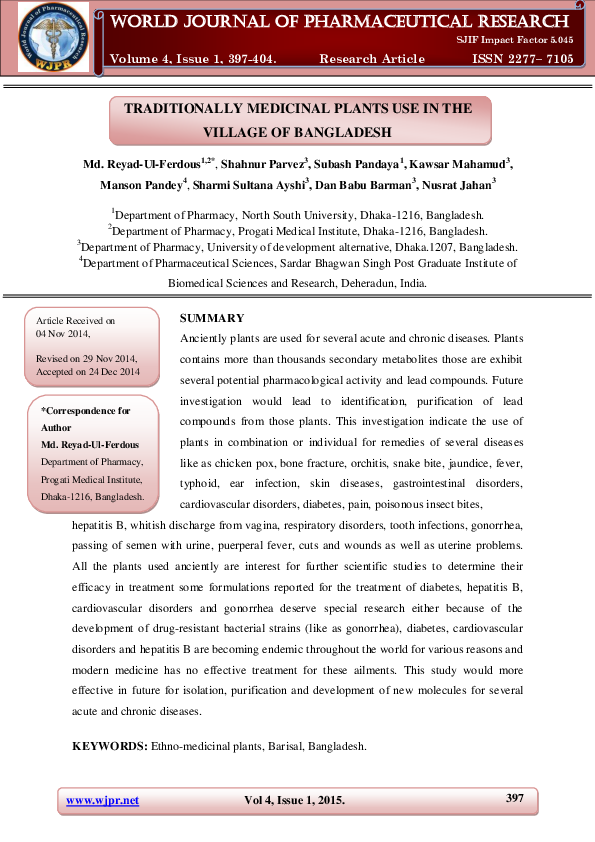 First page of “TRADITIONALLY MEDICINAL PLANTS USE IN THE VILLAGE OF BANGLADESH”