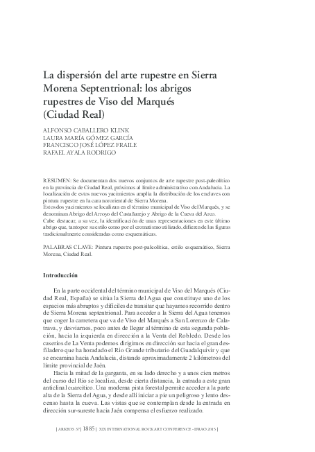 First page of “La dispersión del arte rupestre en Sierra Morena Septentrional: los abrigos rupestres de Viso del Marqués (Ciudad Real)”