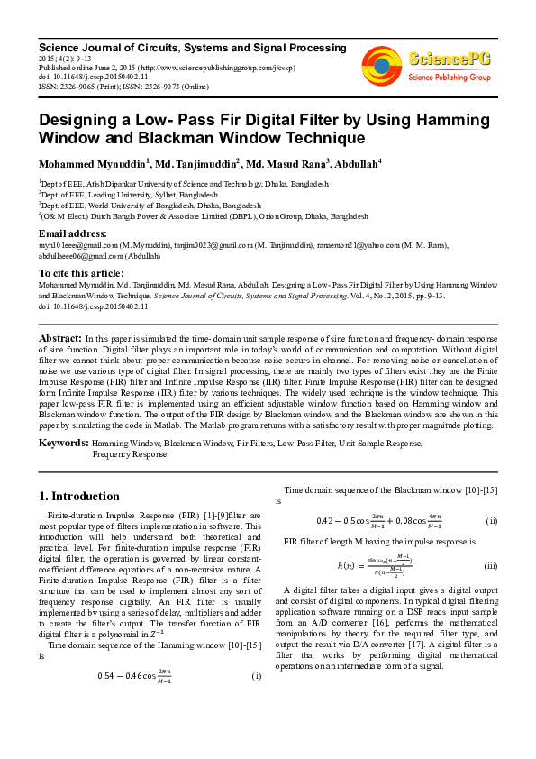 First page of “Designing a Low- Pass Fir Digital Filter by Using Hamming  Window and Blackman Window Technique”