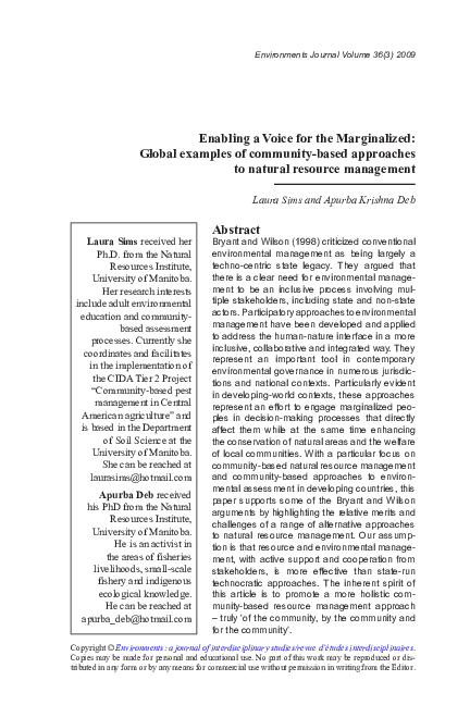 First page of “Enabling a Voice for the Marginalized: Global examples of community-based approaches to natural resource management”