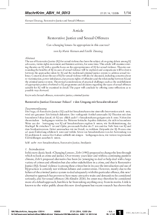 First page of “Restorative justice and sexual offences: Can »changing lenses« be appropriate in this case too?”