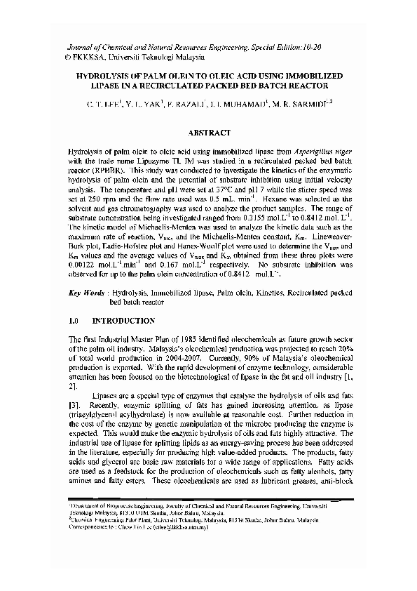 First page of “Hydrolisis of palm olein to oleic acid using immobilized lipase in a recirculated packed bed batch reactor”