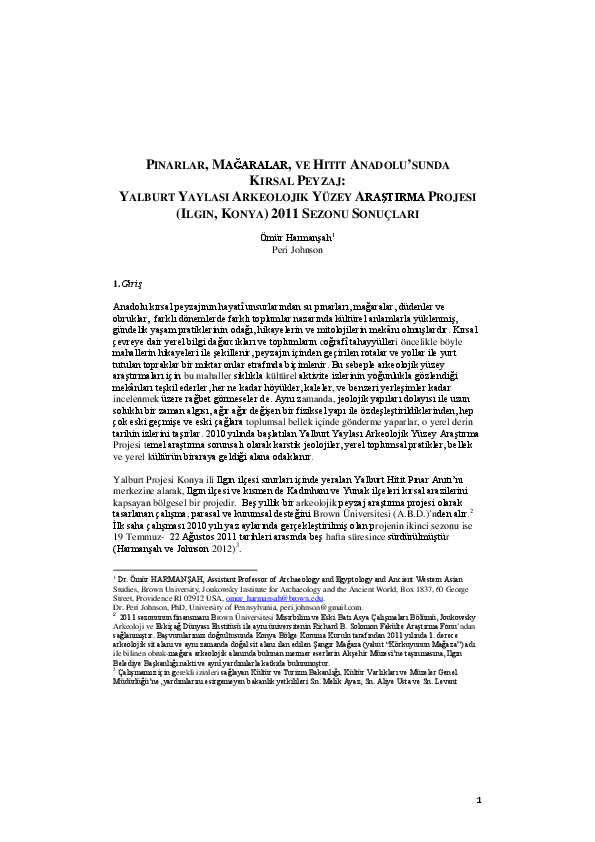 First page of “Pınarlar, mağaralar, ve Hitit Anadolu’sunda kırsal peyzaj: Yalburt Yaylası Arkeolojik Yüzey Araştırma Projesi (Ilgın, Konya) 2011 sezonu sonuçları”