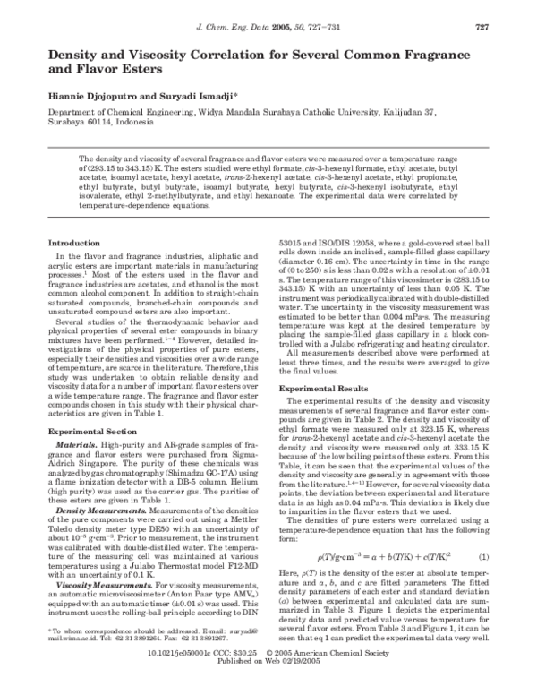 First page of “The density and viscosity correlation for several common fragrance and flavour esters”