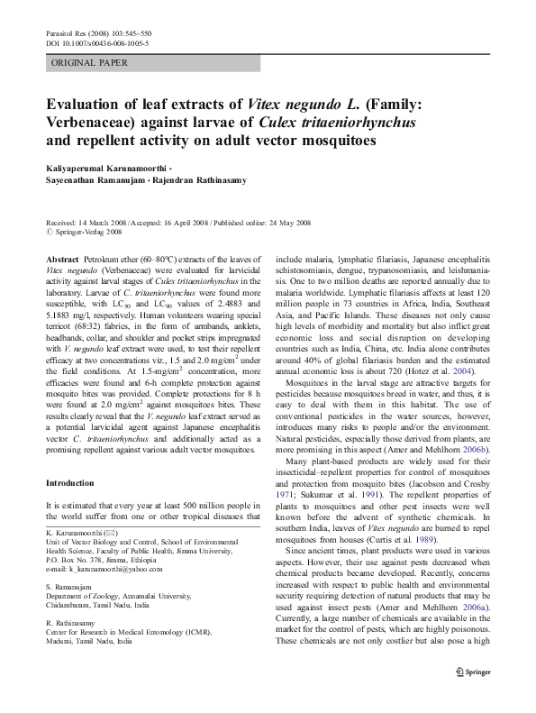 First page of “Evaluation of leaf extracts of Vitex negundo L.(Family: Verbenaceae) against larvae of Culex tritaeniorhynchus and repellent activity on adult vector mosquitoes”