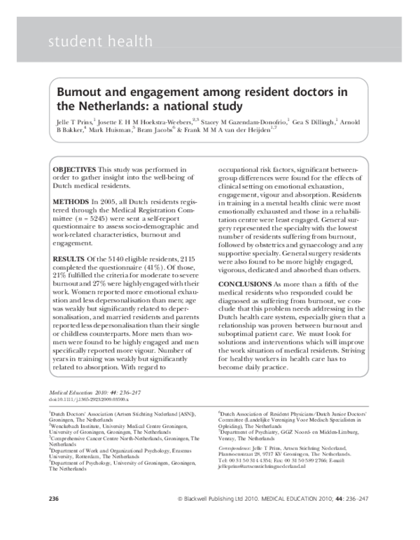 First page of “Burnout and engagement among resident doctors in the Netherlands: a national study”