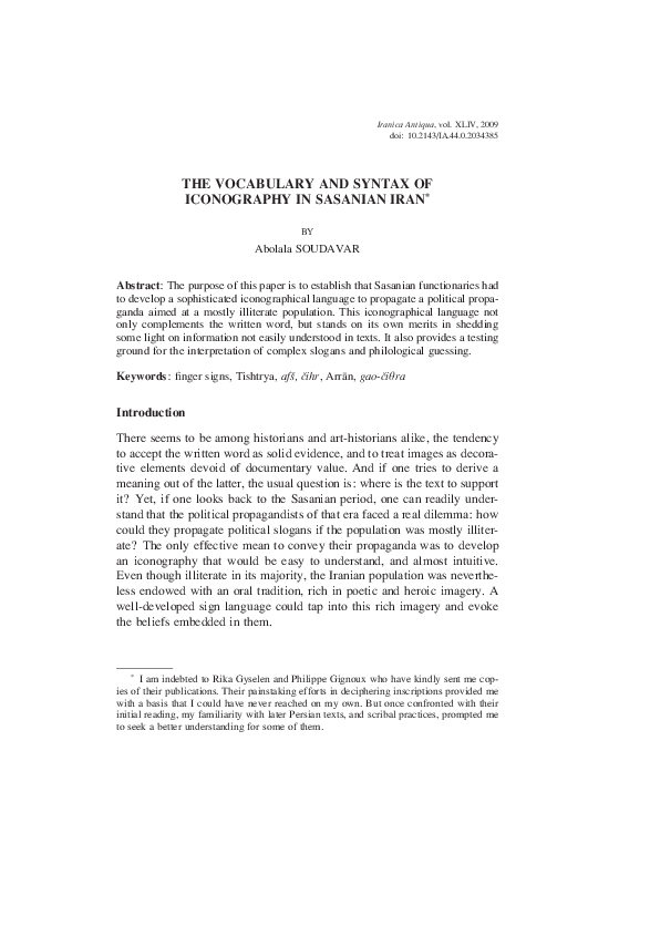 First page of “The Vocabulary and Syntax of Iconography in Sasanian Iran”