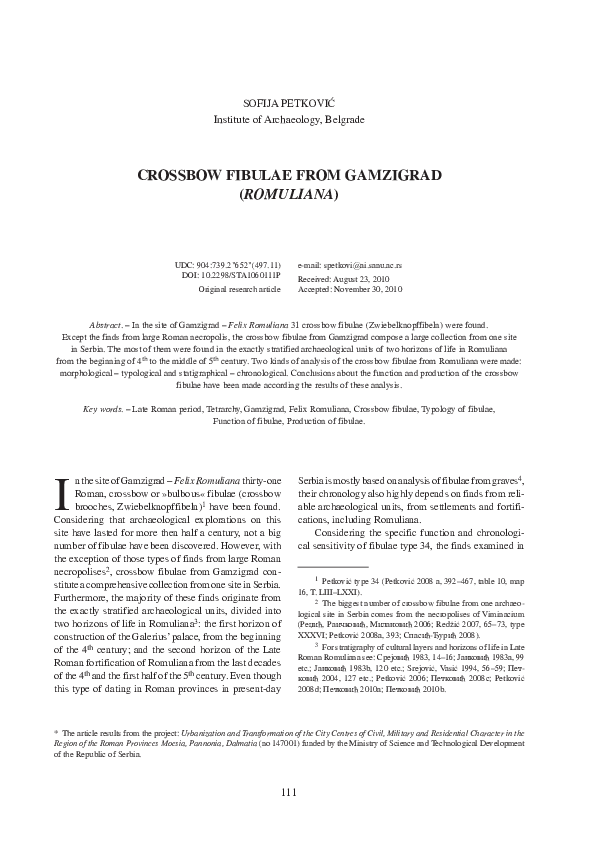 First page of “Crossbow fibulae from Gamzigrad (Romuliana)”