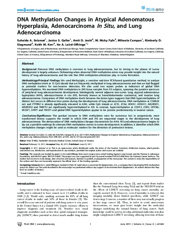 First page of “DNA Methylation Changes in Atypical Adenomatous Hyperplasia, Adenocarcinoma In Situ, and Lung Adenocarcinoma”