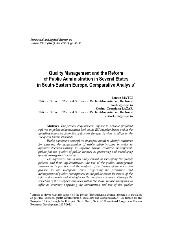 First page of “Quality Management and the Reform of Public Administration in Several States in South-Eastern Europe. Comparative Analysis”