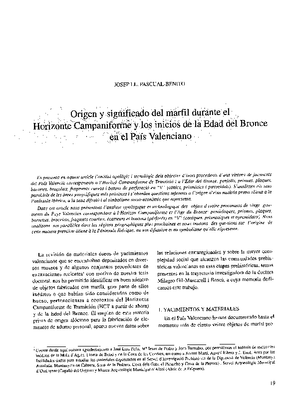 First page of “Origen y significado del marfil durante el Horizonte Campaniforme y los inicios de la Edad del Bronce en el País Valenciano”