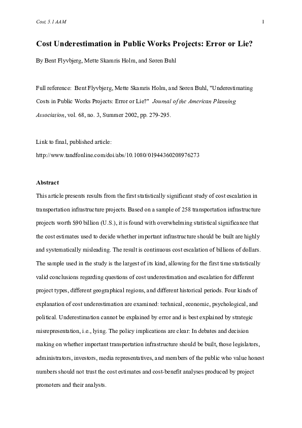 First page of “Underestimating Costs in Public Works Projects: Error or Lie?”