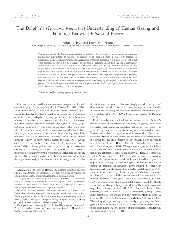 First page of “The dolphin's (Tursiops truncatus) understanding of human gazing and pointing: Knowing what and where”