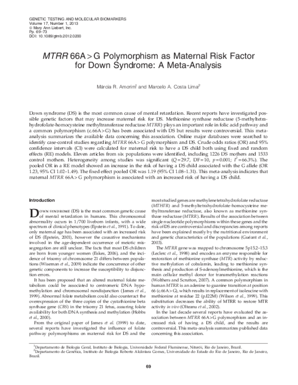 First page of “MTRR 66A >G Polymorphism as Maternal Risk Factor for Down Syndrome: A Meta-Analysis”