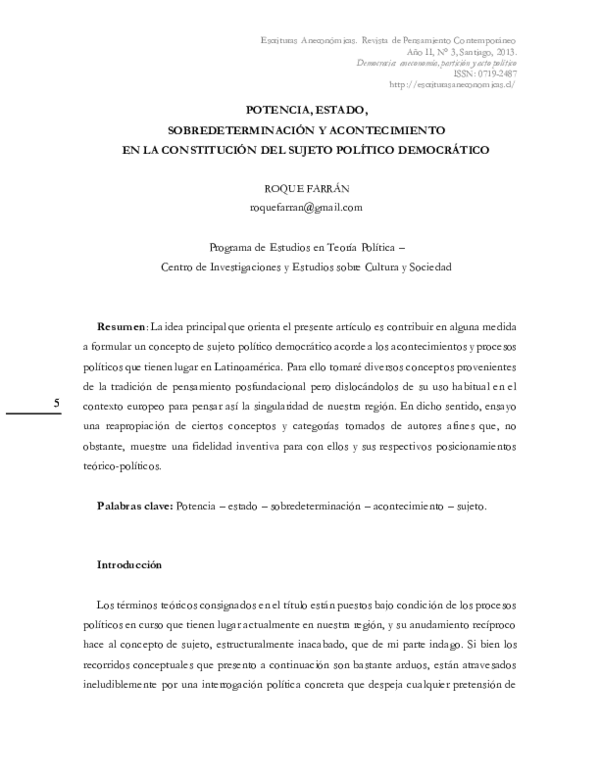 First page of “Potencia, estado, sobredeterminación y acontecimiento en la constitución del sujeto político democrático”