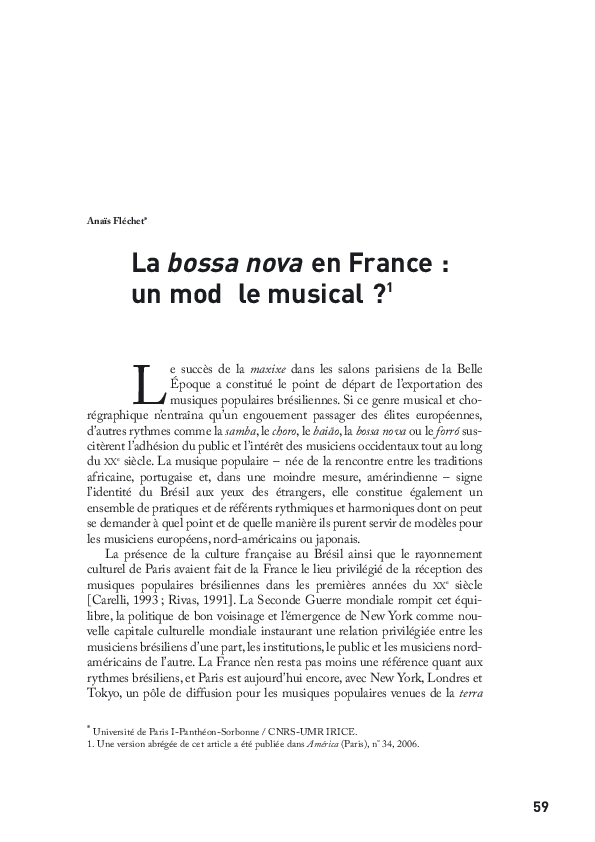 First page of “La bossa nova en France : un modèle musical ?”