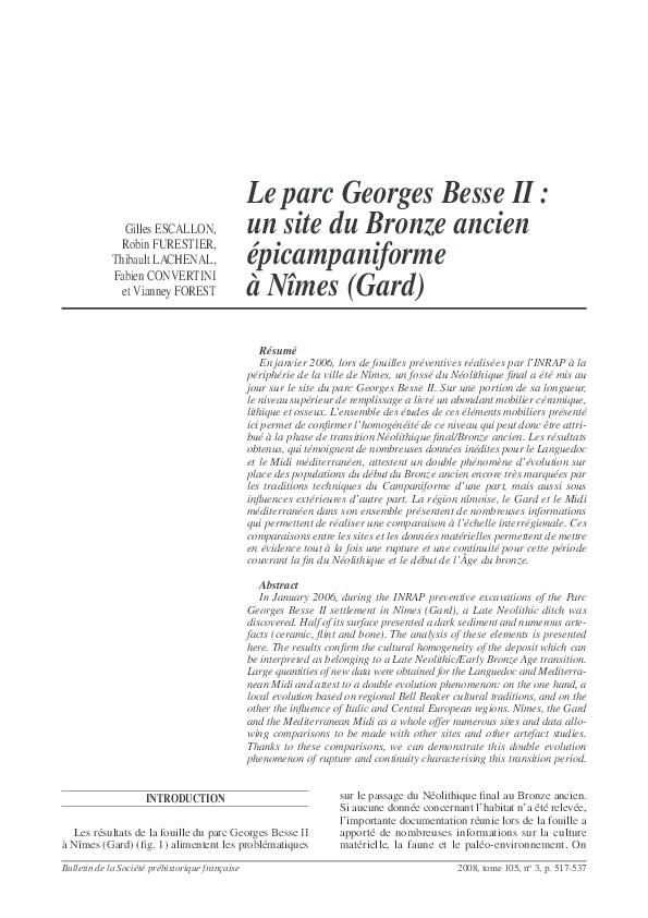 First page of “Le Parc Georges Besse II : un site du Bronze ancien épicampaniforme à Nîmes (Gard)”