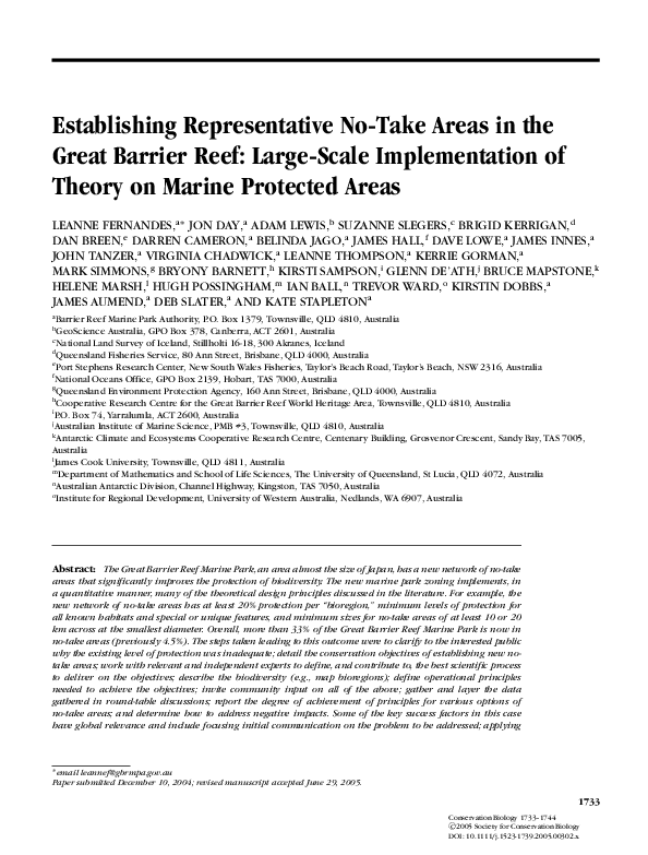 First page of “Establishing Representative No-Take Areas In the Great Barrier Reef: Large-Scale Implementation of Theory on Marine Protected Areas”