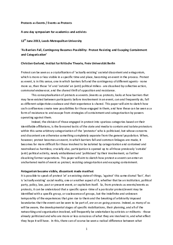 First page of “Garland, C. (2013) ‘As Barriers Fall, Contingency Becomes Possibility:  Protest Resisting and Escaping Containment and Categorization’, paper presented 'Protests as Events / Events as Protests A one day symposium for academics and activists', 12 June 2013, Leeds Metropolitan University”