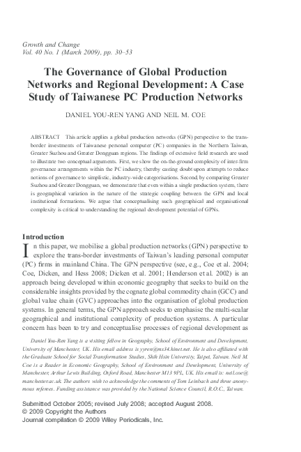 First page of “The Governance of Global Production Networks and Regional Development: A Case Study of Taiwanese PC Production Networks”