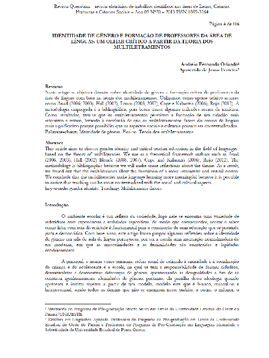 First page of “Identidade de Gênero e formação de professores da área de línguas: um olhar crítico a partir da teoria dos multiletramentos.  2013.”