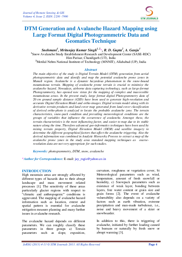 First page of “DTM Generation and Avalanche Hazard Mapping using Large Format Digital Photogrammetric Data and Geomatics Technique”