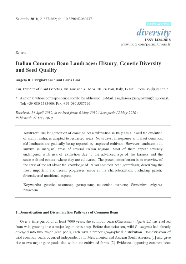 First page of “Italian Common Bean Landraces: History, Genetic Diversity and Seed Quality”