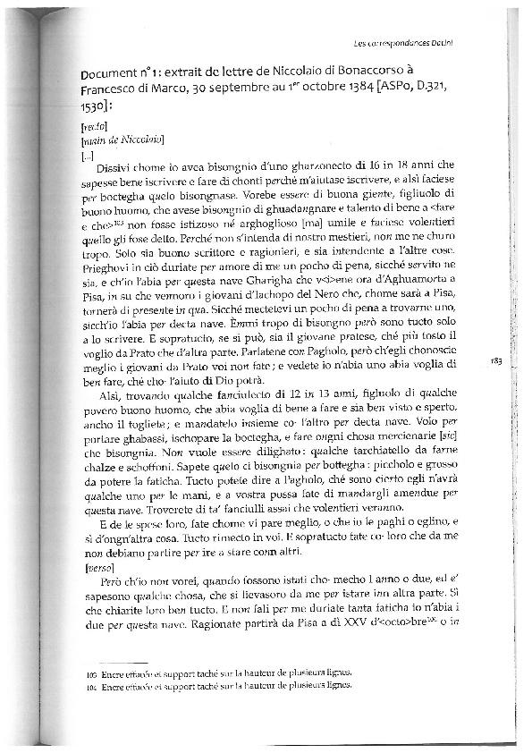 First page of “« Les correspondances Datini : un apport à l’étude des réseaux marchands toscans vers 1400 », in Les échanges en Méditerranée médiévale. Marqueurs, réseaux, circulations, contacts, ed. by E. Malamut, M. Ouerfelli, Aix-en-Provence, Presses universitaires de Provence, 2012, p. 155-199”