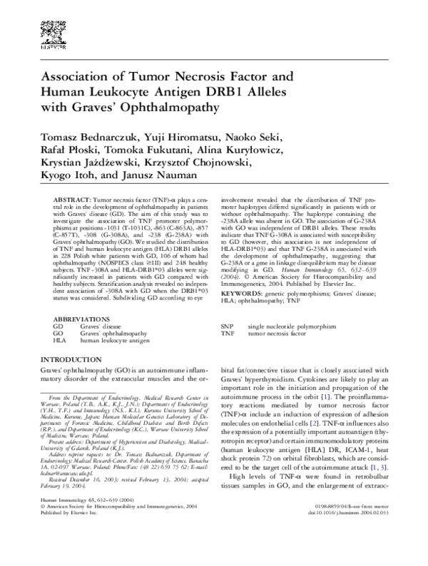 First page of “Association of tumor necrosis factor and human leukocyte antigen DRB1 alleles with Graves' ophthalmopathy”