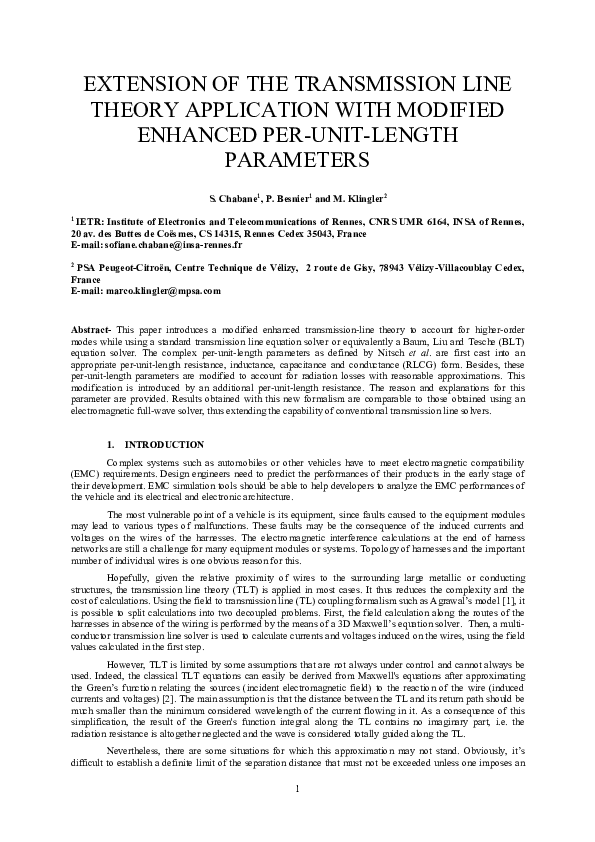 First page of “EXTENSION OF THE TRANSMISSION LINE THEORY APPLICATION WITH MODIFIED ENHANCED PER-UNIT-LENGTH PARAMETERS”