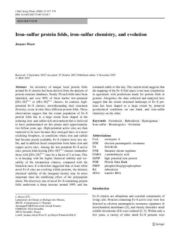 First page of “Iron–sulfur protein folds, iron–sulfur chemistry, and evolution”