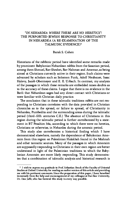 First page of ““IN NEHARDEA WHERE THERE ARE NO HERETICS”: THE PURPORTED JEWISH RESPONSE TO CHRISTIANITY IN NEHARDEA (A RE-EXAMINATION OF THE TALMUDIC EVIDENCE)”