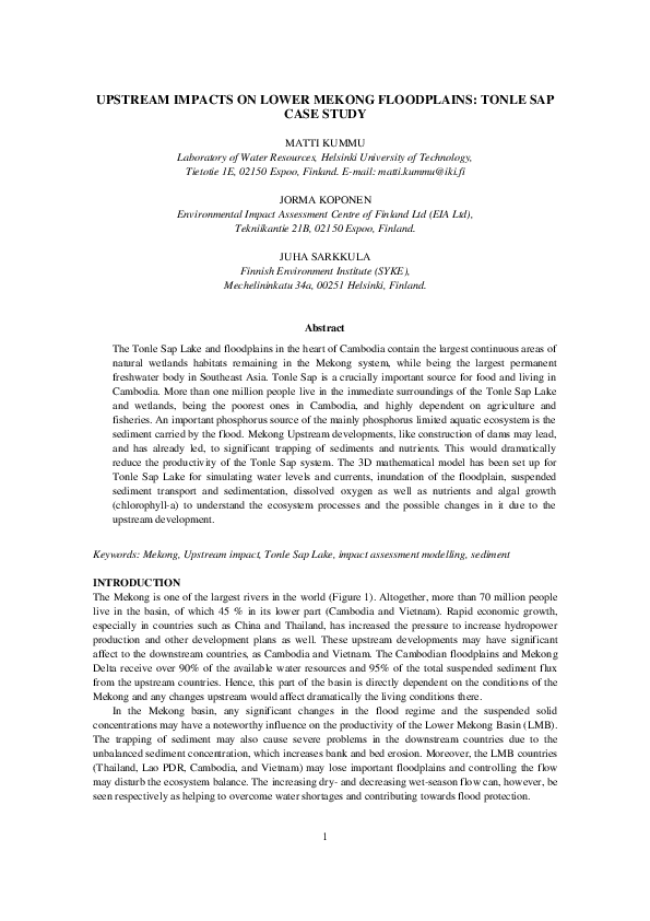 First page of “UPSTREAM IMPACTS ON LOWER MEKONG FLOODPLAINS: TONLE SAP CASE STUDY”