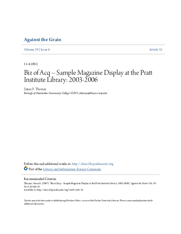 First page of “"Biz of Acq -- Sample Magazine Display at the Pratt Institute Library: 2003-2006." ”