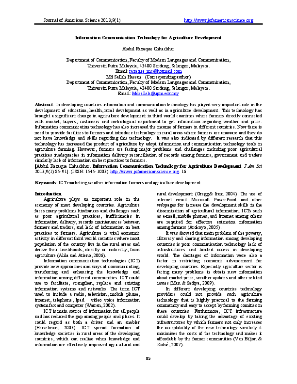 First page of “Information Communication Technology for Agriculture Development”