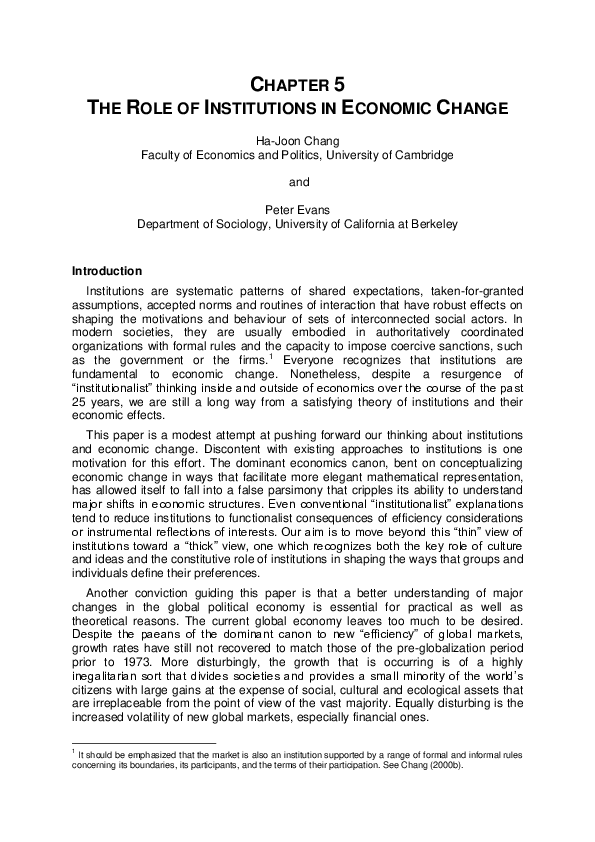 First page of “CHAPTER 5 THE ROLE OF INSTITUTIONS IN ECONOMIC CHANGE”