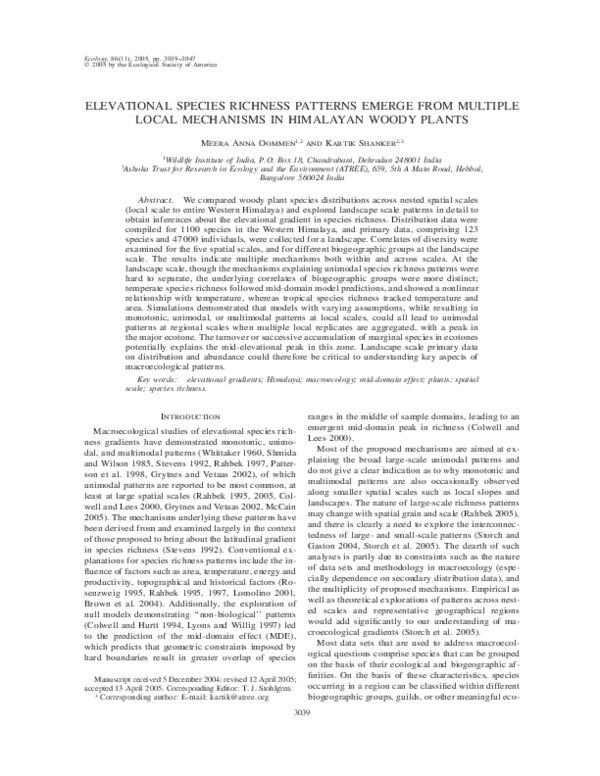 First page of “ELEVATIONAL SPECIES RICHNESS PATTERNS EMERGE FROM MULTIPLE LOCAL MECHANISMS IN HIMALAYAN WOODY PLANTS”