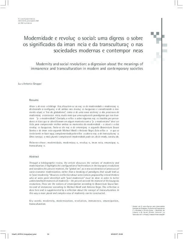 First page of “Modernidade e revolução social: uma digressão sobre os significados da imanência e da transculturação nas sociedades modernas e contemporâneas”