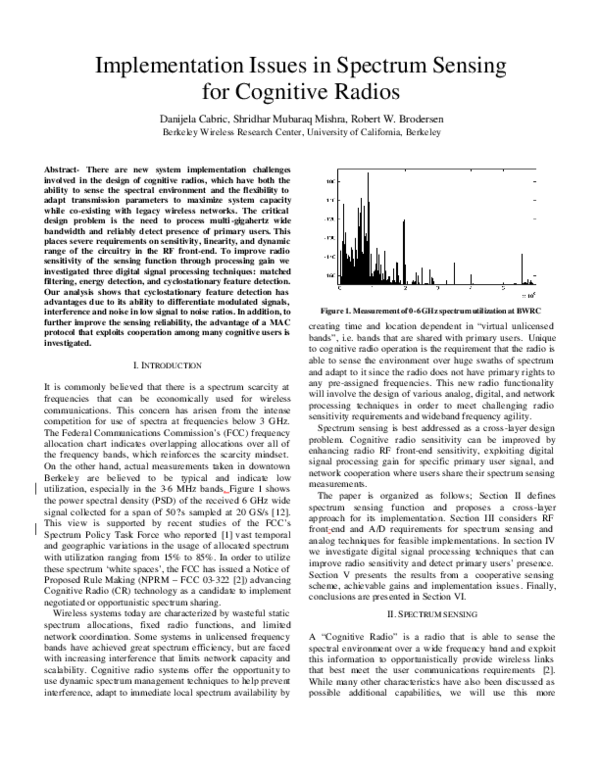 First page of “Implementation issues in spectrum sensing for cognitive radios”