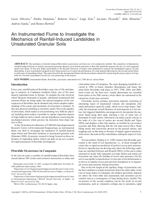 First page of “An Instrumented Flume to Investigate the Mechanics of Rainfall-Induced Landslides in Unsaturated Granular Soils”