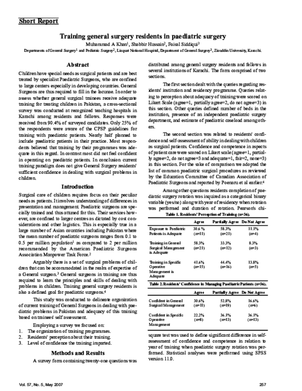 First page of “Short Report Training general surgery residents in paediatric surgery”